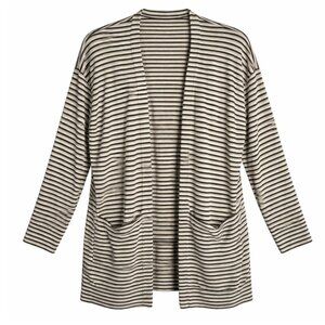Monrow womens striped duster cardigan knit sweater Large White tan Black NWT